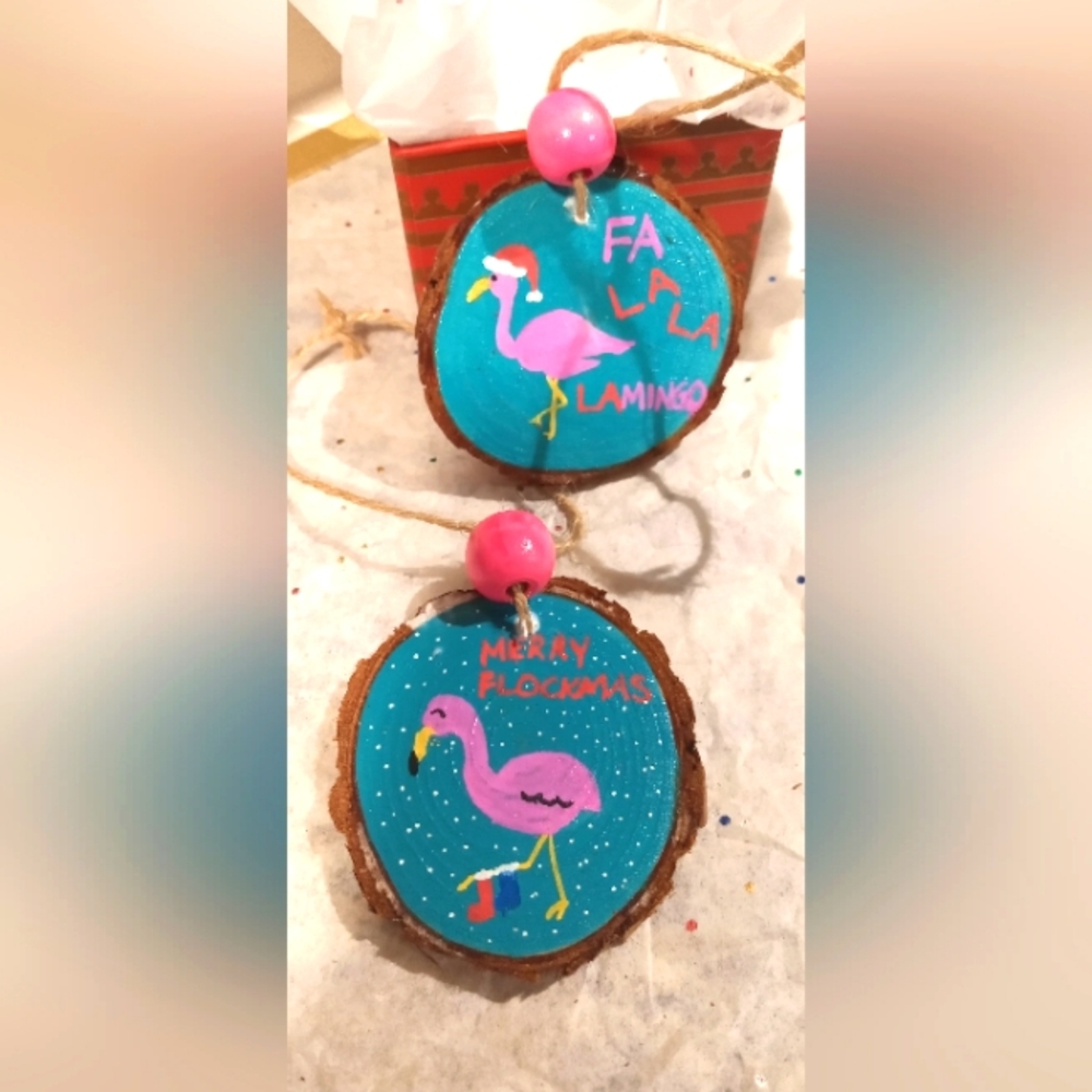 HANDPAINTED WOODSLICE FLAMINGO CHRISTMAS ORNAMENTS (2)
